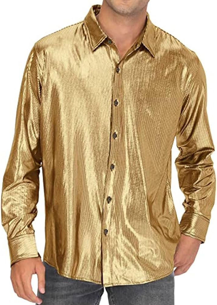 Remxi Mens 70s Disco Button Down Shirt Outfit Metallic Sequin Long Sleeve Party Novelty Shirts Nightclub Costume Tops