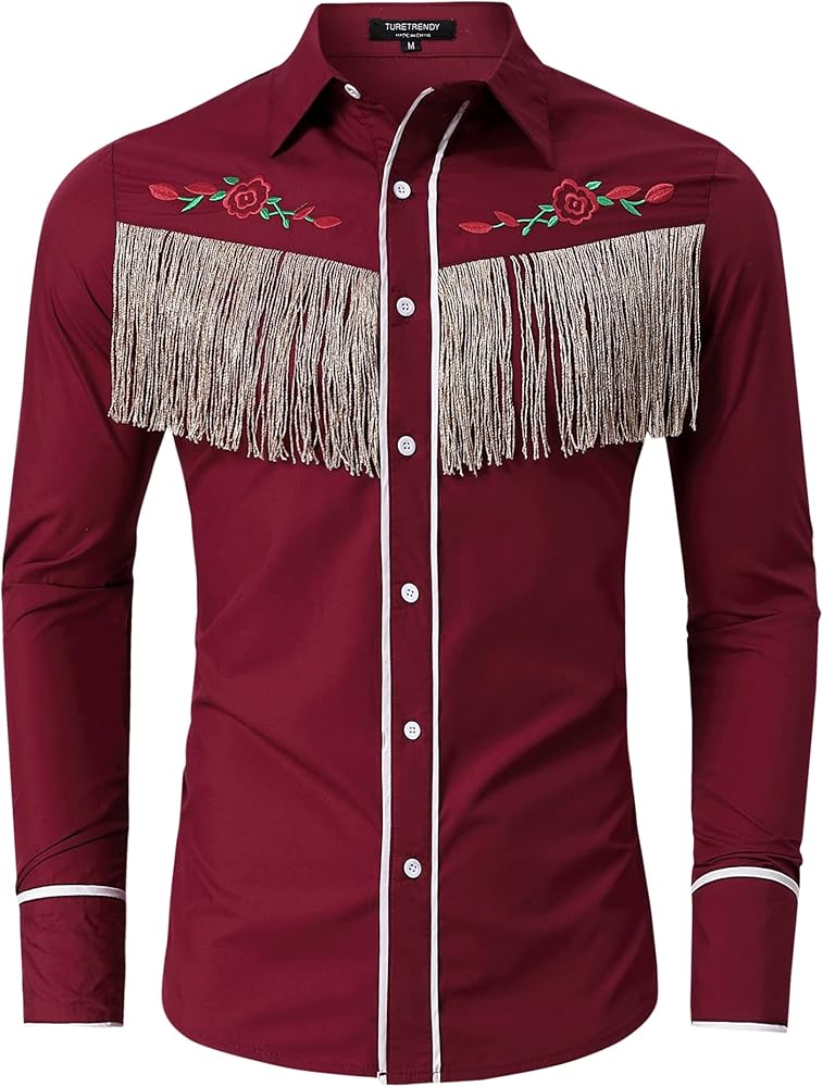 TURETRENDY Men's Western Cowboy Fringe Shirt Long Sleeve Rose Embroidered Slim Fit Button Down Shirt