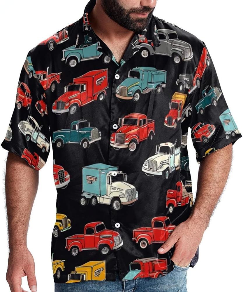 Vintage Semi Truck Puckup Car Men Casual Button Down Shirts Short Sleeve