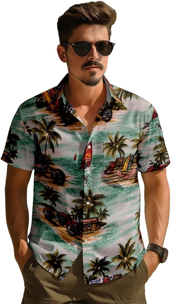 Men's Tropical Car Hawaiian Shirt Short Sleeve Button Down Summer Beach Aloha Shirts