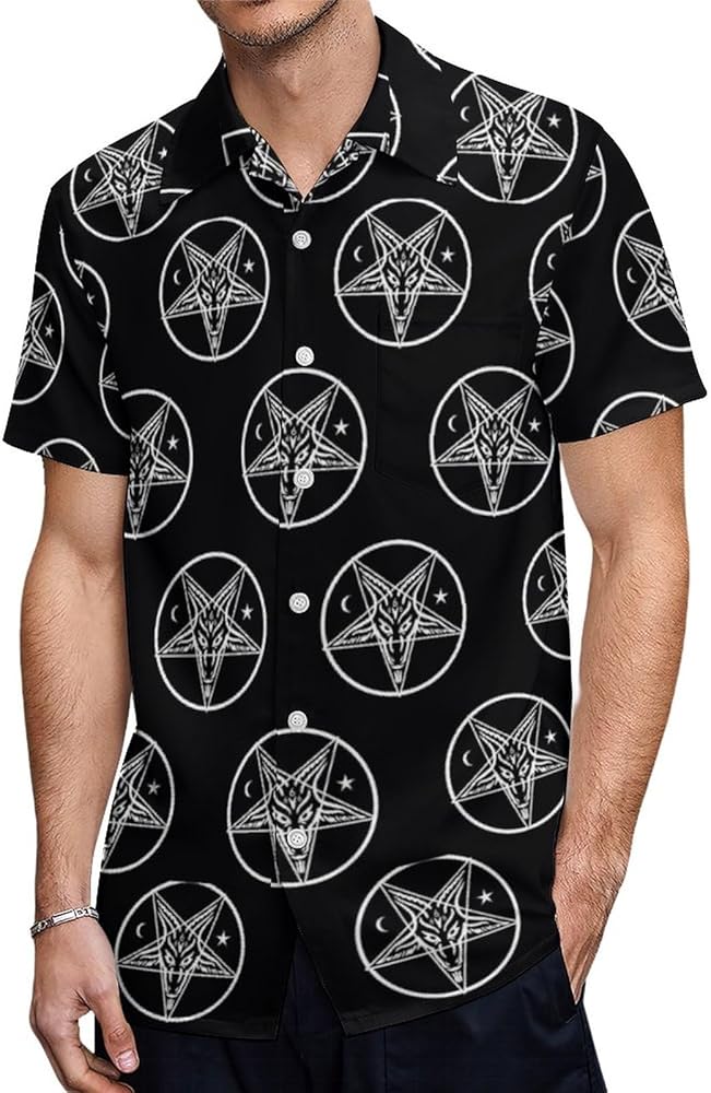 Baphomet Head Star Pattern Shirts for Men Hawaiian Casual Short Sleeve Blouse Graphic Button Down Tee Top