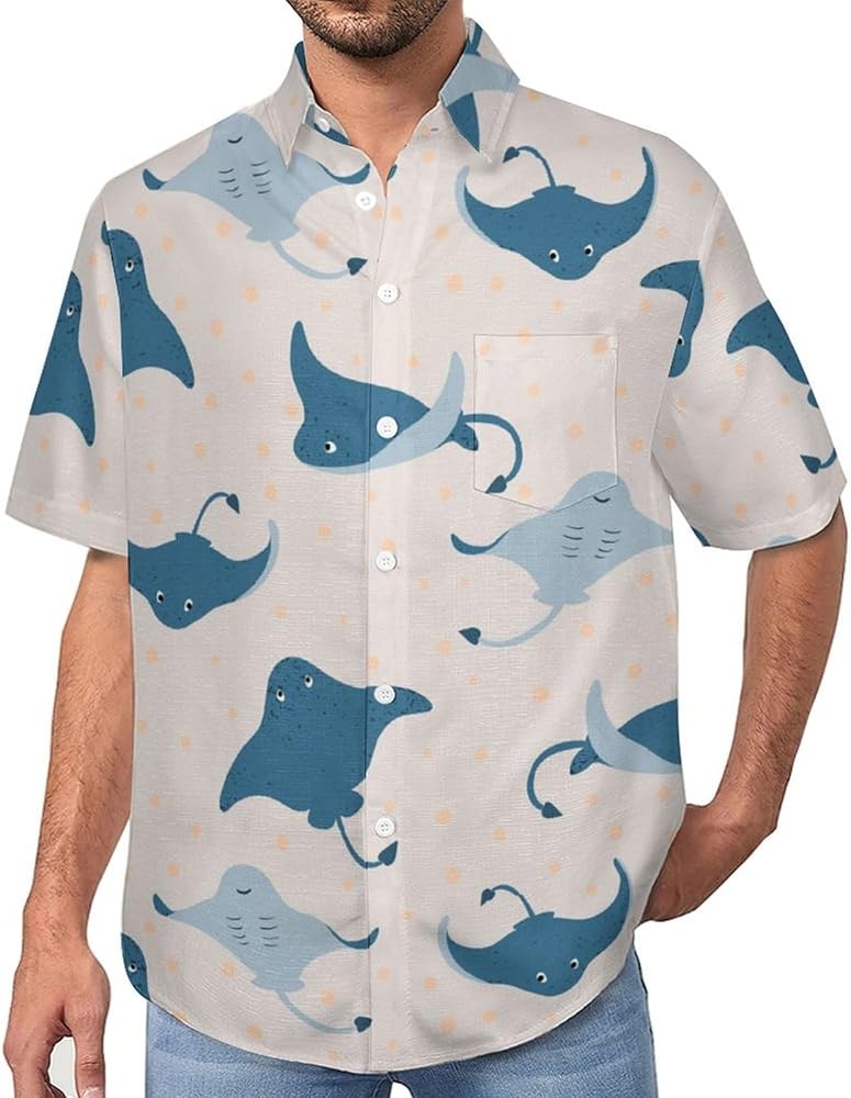 Sea Life Stingray Fish Mens Short Sleeve Shirts with Pocket Button Down Blouse Summer Beach Tops