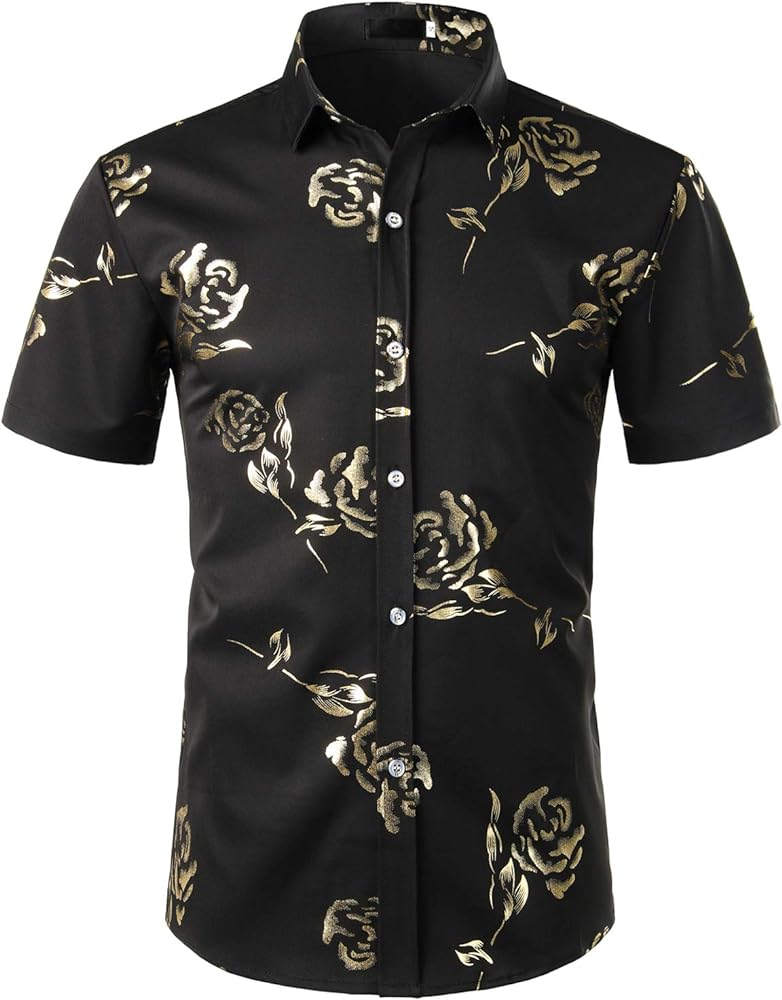 ZEROYAA Mens Hipster Gold Rose Printed Slim Fit Short Sleeve Button Down Dress Shirts