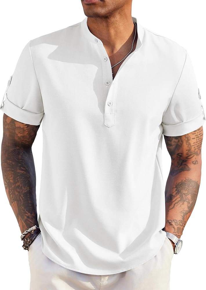 COOFANDY Men's Casual Henley Shirt Short Sleeve Band Collar Linen Shirt Summer Beach Hippie T-Shirts