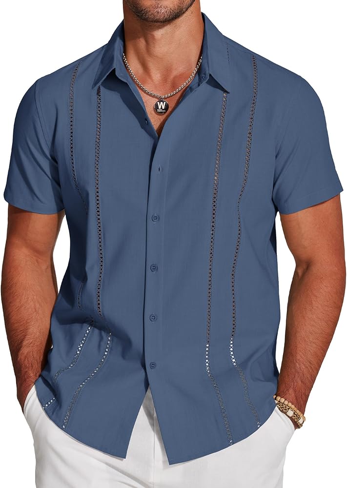 COOFANDY Men's Cuban Guayabera Shirt Short Sleeve Button Down Shirts Casual Summer Beach Linen Shirts