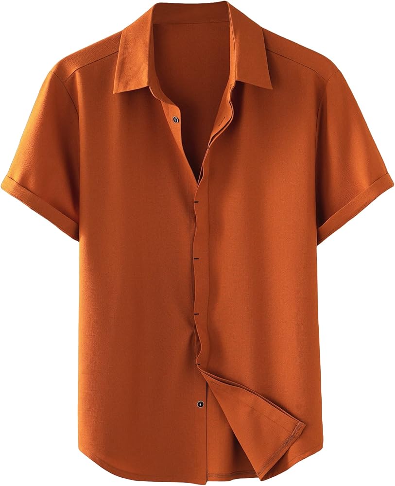 SOLY HUX Men's Short Sleeve Button Down Shirts Casual Dress Going Out Camp Tops Burnt Orange Solid XL