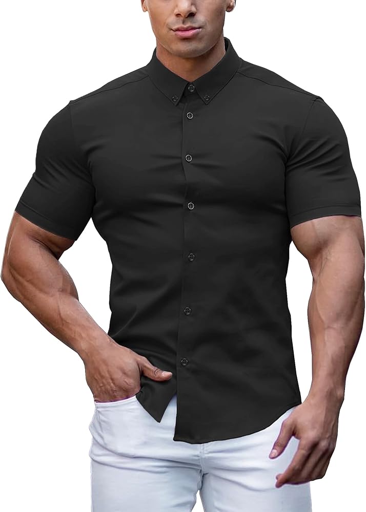 URRU Men's Muscle Dress Shirts Slim Fit Stretch Long&Short Sleeve Casual Button Down Shirt