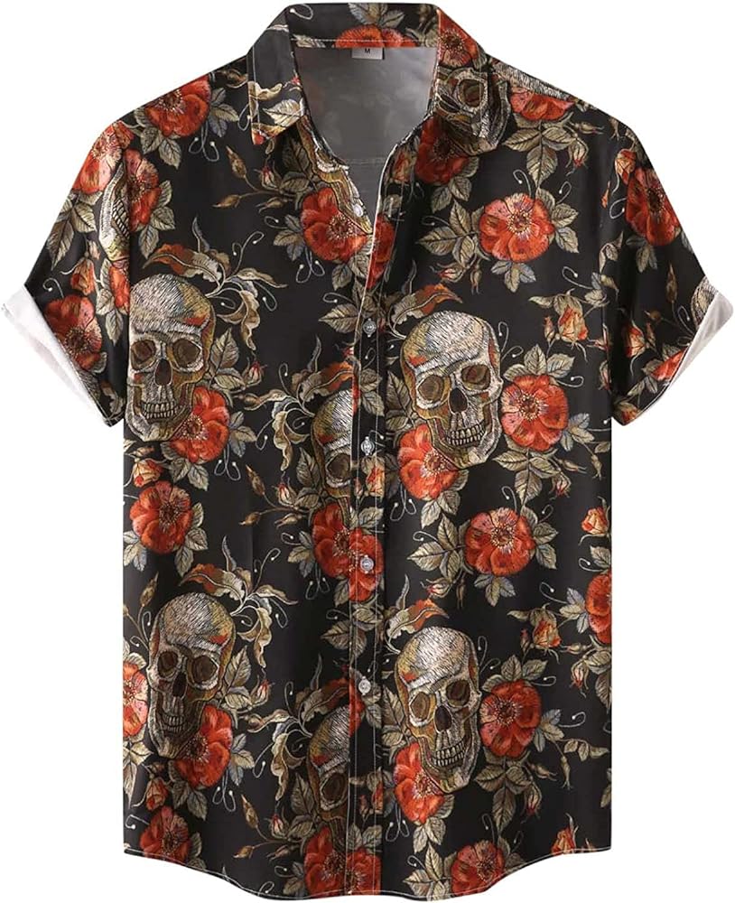 Halloween Shirt Men Fun Pumpkins skull Short Sleeve Button Down Hawaiian holiday Shirts