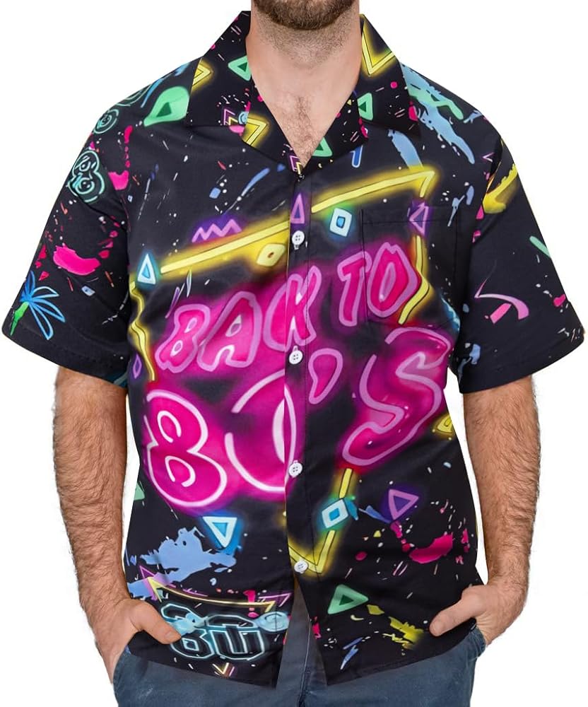 Classic 80s 90s Men Disco Shirts Hawaiian Beach Shirt Button Up Retro Neon Funny Party