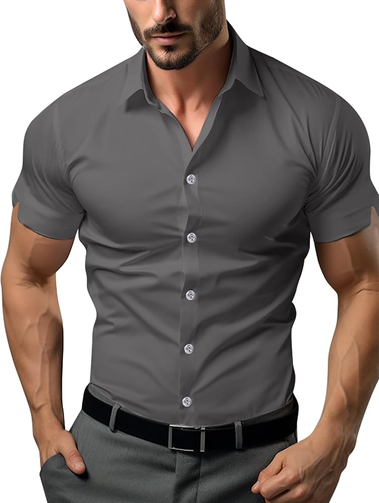 Men's Muscle Dress Shirts Solid Short Sleeve Dress Shirts Athletic Slim Fit Stretch Business Casual Button Down Shirt Grey XXL