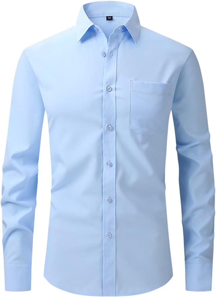 Mens Dress Shirts Long Sleeve Wrinkle-Free Solid Stretch Casual Button Down Shirt