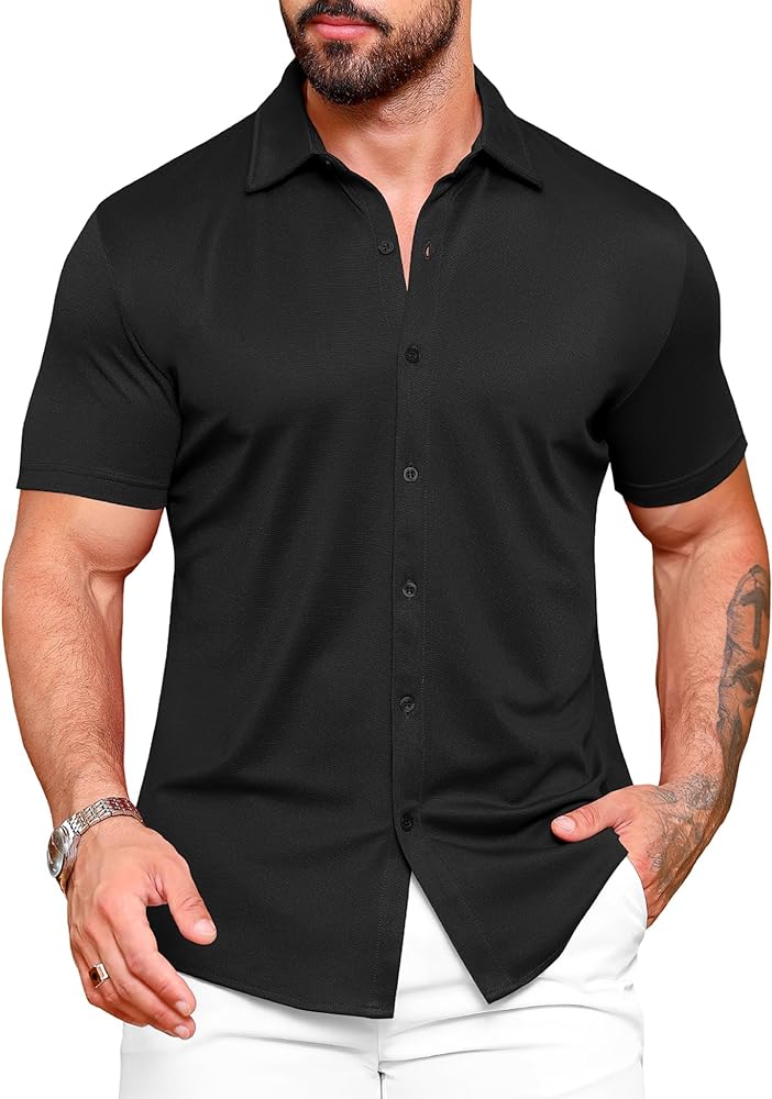 URRU Men's Muscle Dress Shirts Slim Fit Stretch Wrinkle Free Short Sleeve Casual Button Down Shirts