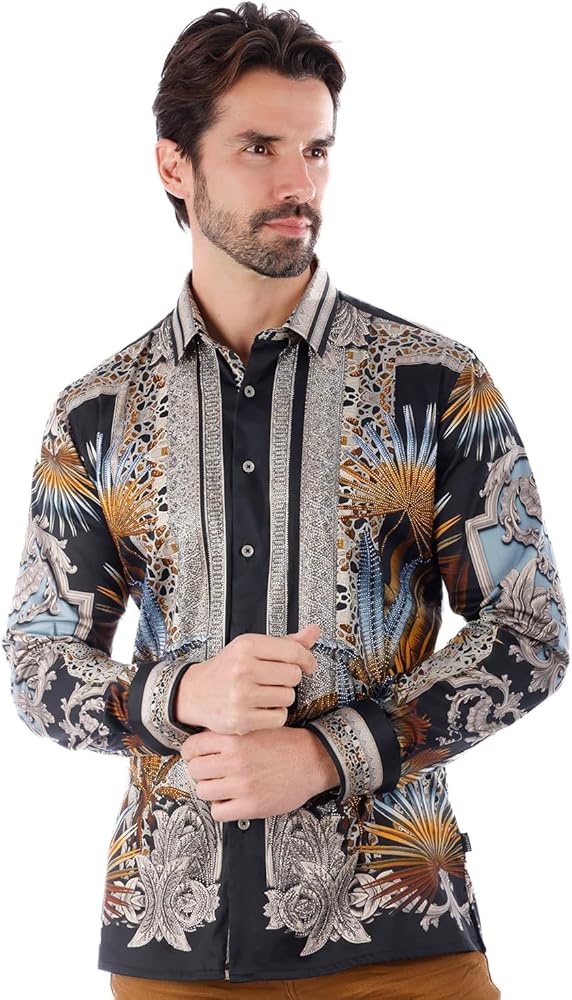 Barabas Men's Rhinestone Floral Baroque Long Sleeve Shirts 3SPR437