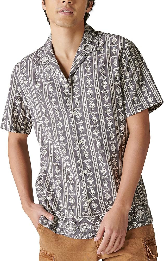 Lucky Brand Mens Short Sleeve Border Print Camp Collar Shirt