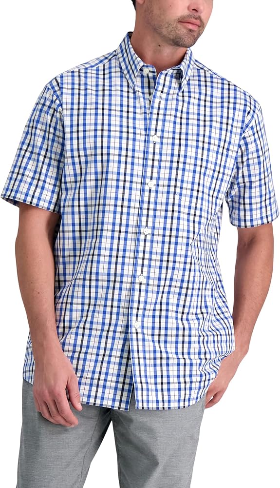 Haggar Men's Short Sleeve Button Down Woven Print Shirts, Blue, Large