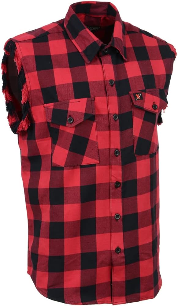 Milwaukee Leather MNG11692 Men’s Classic Black and Red Button-Down Flannel Cut Off Frayed Sleeveless Casual Shirt