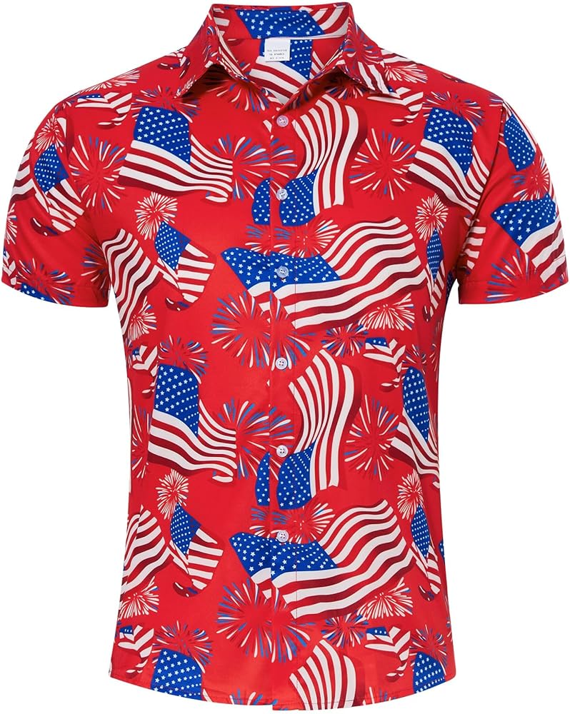 uideazone Mens 4th of July American Flag Patriotic Shirt USA Short Sleeve Button Up Independence Day Shirt M-XXL