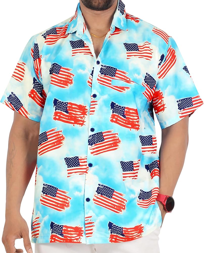 LA LEELA Men's Hawaiian 4th of July Patriotic American Shirt Short Sleeve Button Down Holiday Shirts for Men