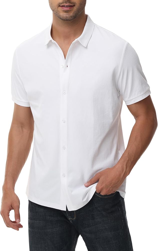 ZTN Men's Casual Stretchy Short Sleeve Button-Down Shirts UV50+ Moisture Untucked Dress Shirts