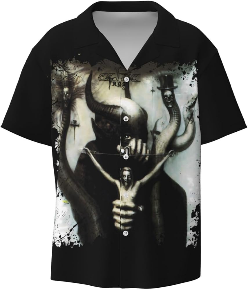 MAJUNJIE Celtic Frost to Mega Therion Men Fashion Hawaiian T Shirt Funny Button Down Clothes Short Sleeve Tops