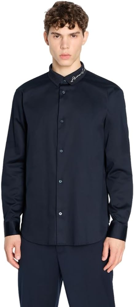 A | X ARMANI EXCHANGE Men's Signature Logo Stretch Cotton Satin Long Sleeve Button Down Shirt, Deep Navy