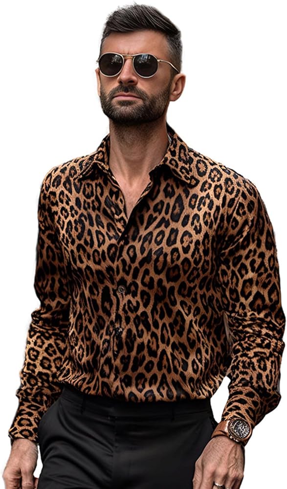 Men's Long Sleeve Shirt Top Leopard Printed Button Large Size Vintage Casual Loose Dress Shirts