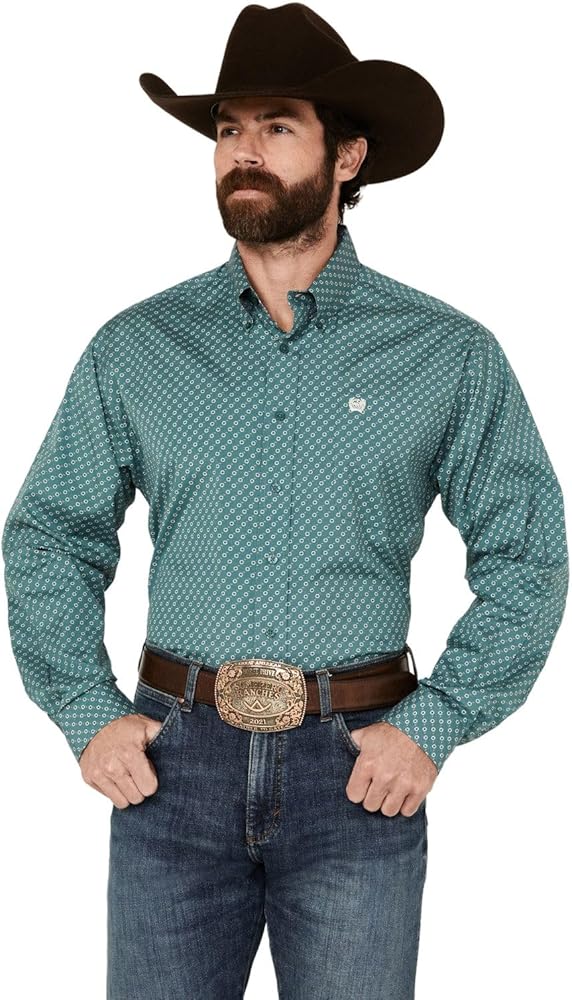 Cinch Men's Green Printed Long Sleeve Button Down