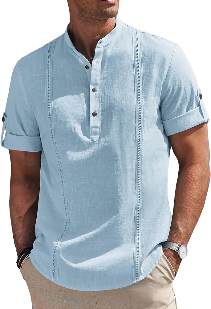 COOFANDY Men's Cotton Linen Henley Shirt Short Sleeve Hippie Casual Band Collar Summer Beach T-Shirts