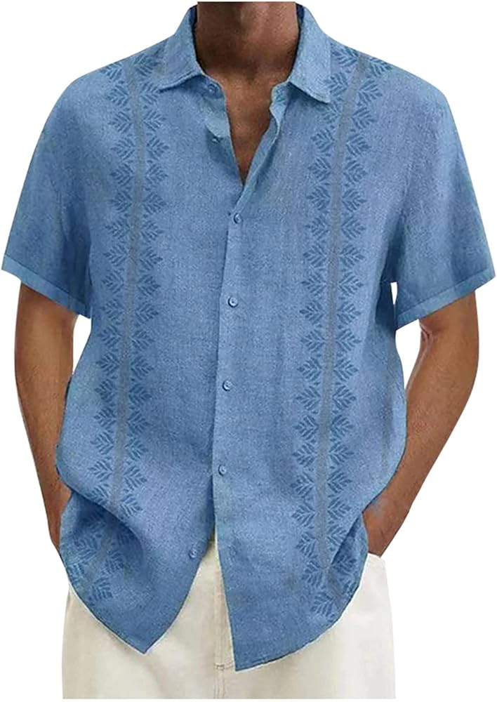 Cuban Guayabera Shirts for Men Casual Button Down Short Sleeve Aloha Shirt Palm Tree Print Shirt Tropical Beach Shirt