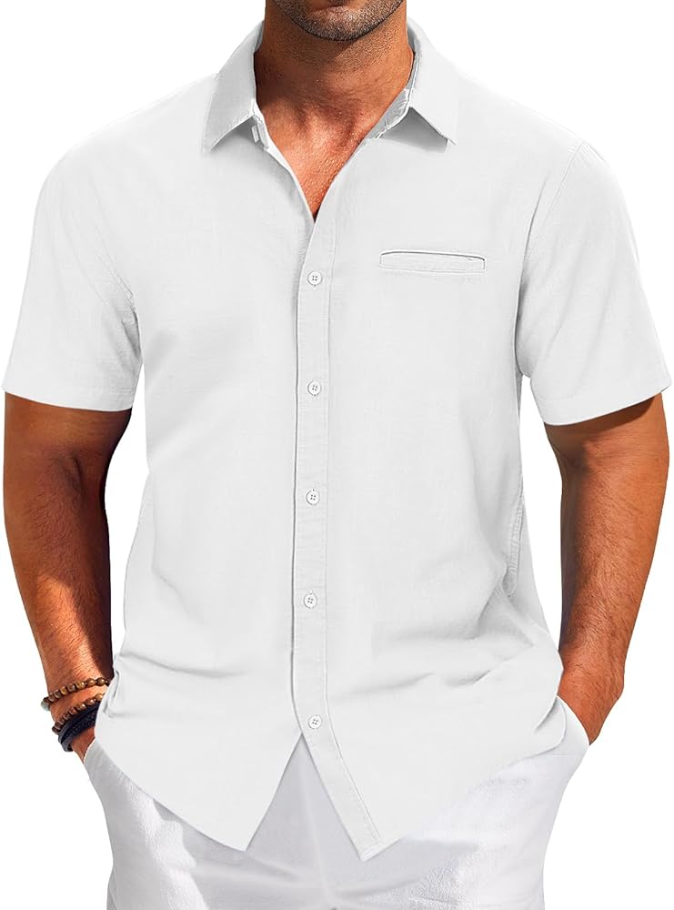 APRAW Mens Casual Linen Cotton Button Down Shirt Short Sleeve Beach Shirt with Pocket