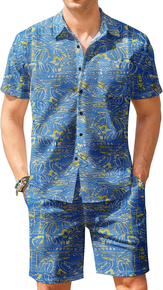 COOFANDY Men's Hawaiian 2 Piece Outfit Floral Matching Summer Beach Shirt and Shorts Sets