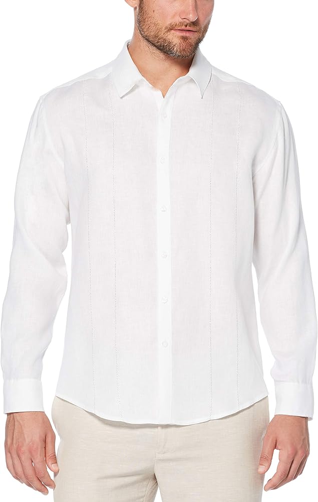 Cubavera Men's Long Sleeve 100% Linen Essential Shirt with Eyelet Detail