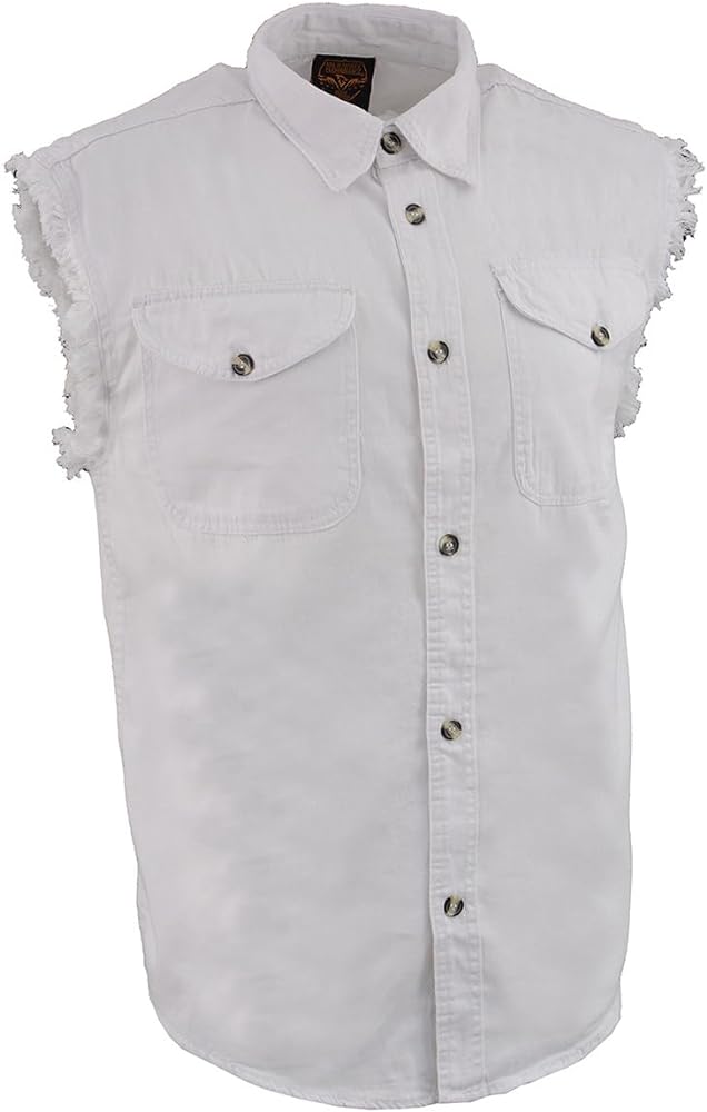 Milwaukee Leather DM4006 Men's White Denim Lightweight Shirt with Sleeveless Frayed Cut Off