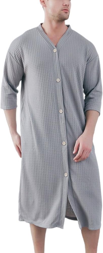 Jinda Men's Soft Robe Button Down House Coat Nightgown SummerV Neck Comfy 3/4 Sleeve Housecoat Sleep Shirt