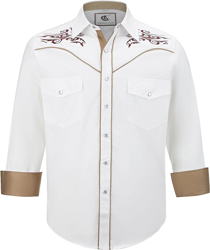 COEVALS CLUB Men's Western Cowboy Long Sleeve Snap Embroidered Shirts Casual Button Down Shirt with Pockets