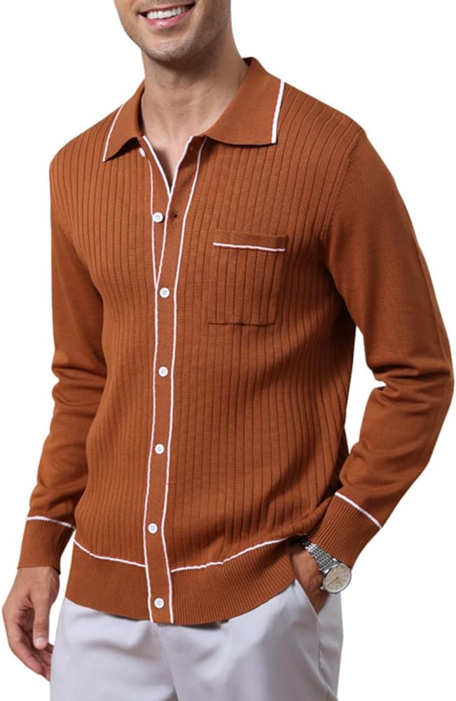 Men’s Long Sleeve Button Down Shirts Knit Slim Collared Shirts Casual Vintage Business Golf Shirts with Pocket