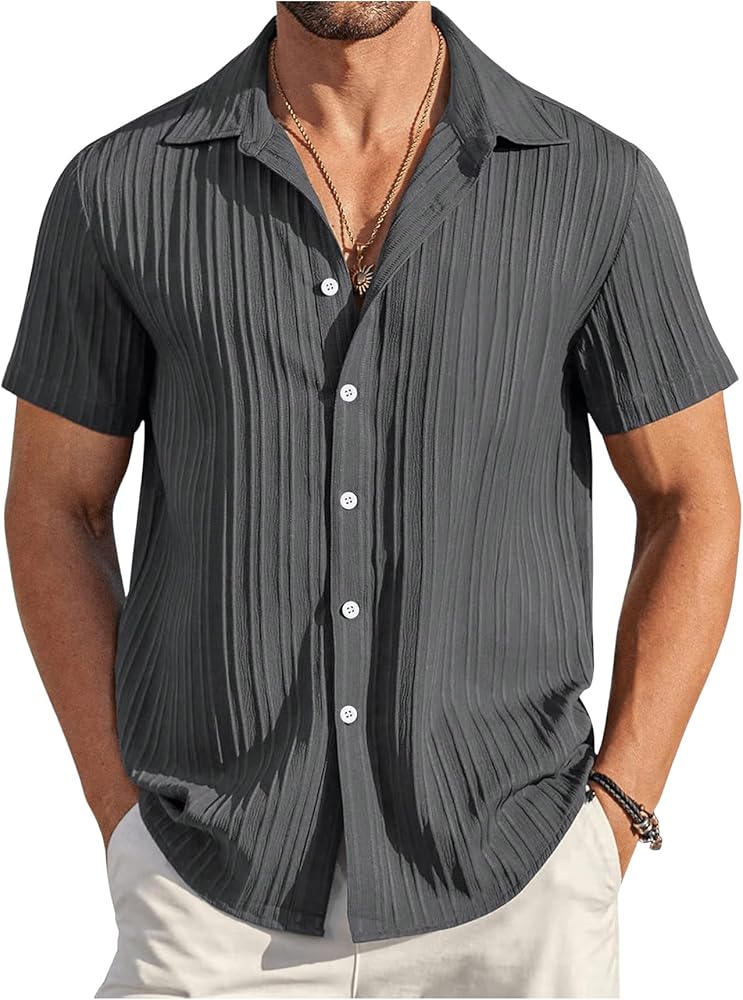 OYOANGLE Men's Textured Button Down Shirt Collared Short Sleeve Business Office Shirts Top