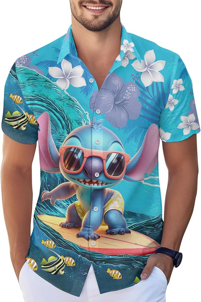 Funny Cartoon Character Hawaiian Shirt for Men, Suffing Print Men Button Down Shirt, Summer Hawaii Shirt