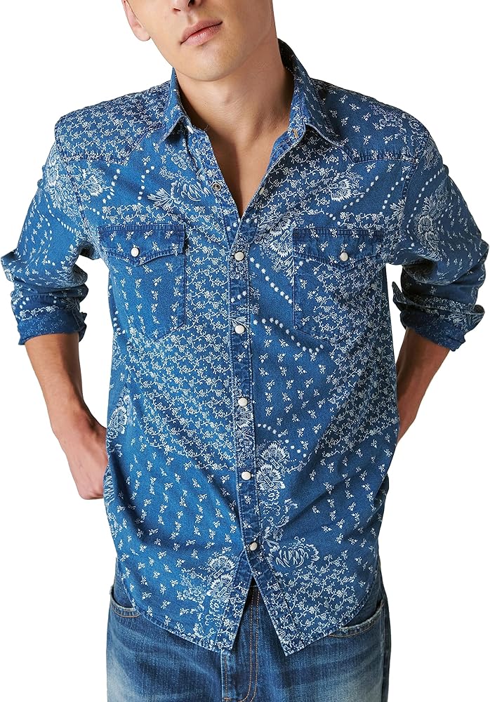 Lucky Brand Men's Indigo Printed Western Long Sleeve Shirt