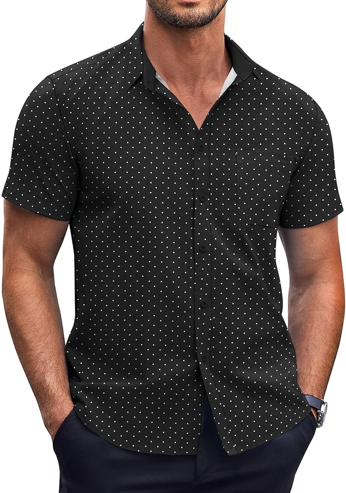 COOFANDY Mens Short Sleeve Button Down Shirts Wrinkle Free Dress Shirts Casual Polka Dot Print Shirt with Pocket