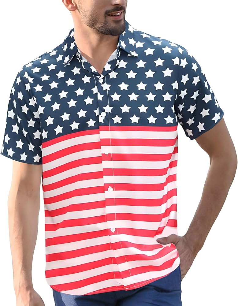 4th of July Men's Button Down Shirts American Flag Bowling Shirts USA Patriotic Blouses Aloha Shirt