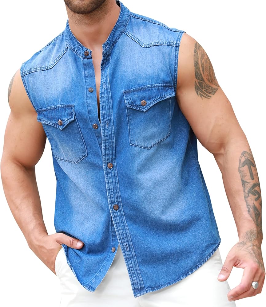 Ryannology Mens Denim Sleeveless Shirts Cowboy Jean Vest Casual Button Down Slim Fit Work Cotton Tops with Pockets