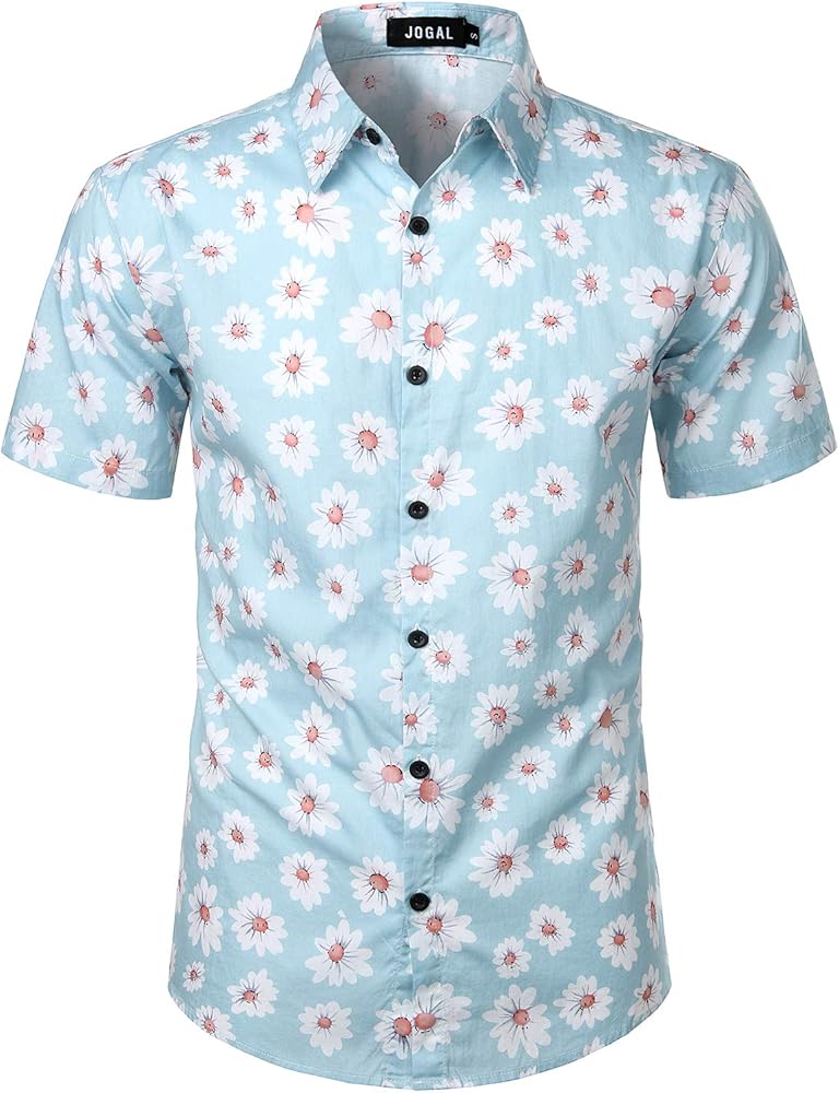 JOGAL Men's Flower Cotton Button Down Short Sleeve Hawaiian Shirt