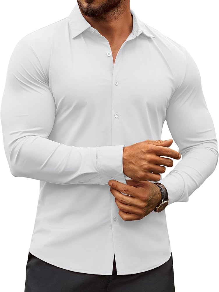 COOFANDY Men's Muscle Fit Dress Shirts Stretch Wrinkle-Free Long Sleeve Casual Button Down Shirts