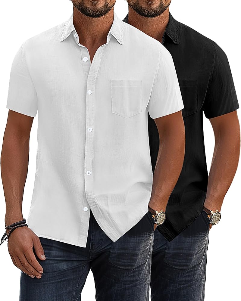 2 Pack Men's Cotton Linen Shirts, Short Sleeve Lightweight Beach Shirts with Pocket Casual Summer Button Down Tops