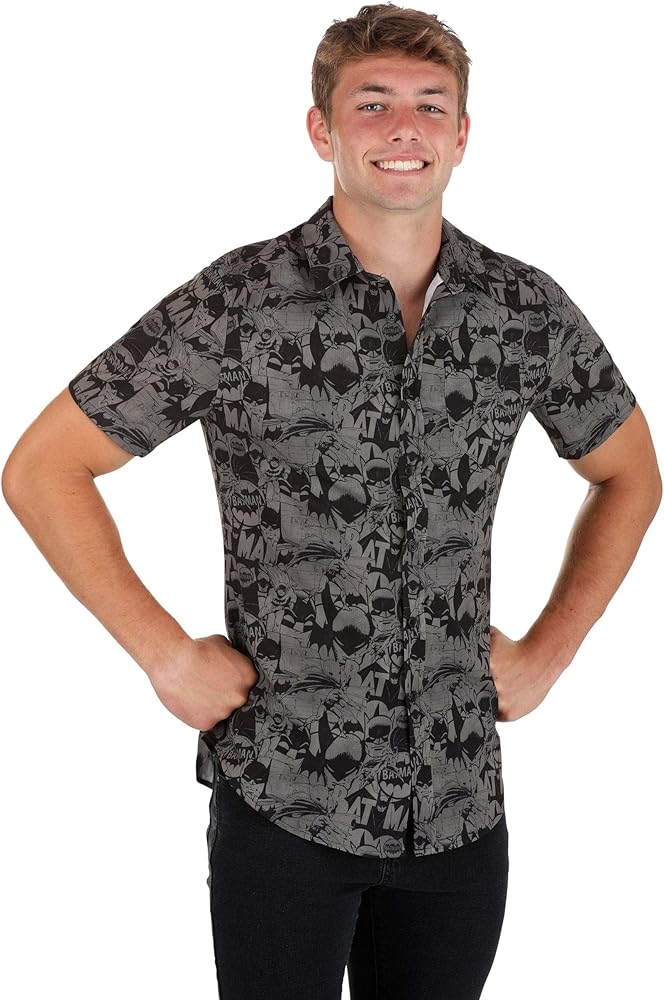 DC Comics Adult Batman Button Up Shirt with All Over Print and Stretch Fit