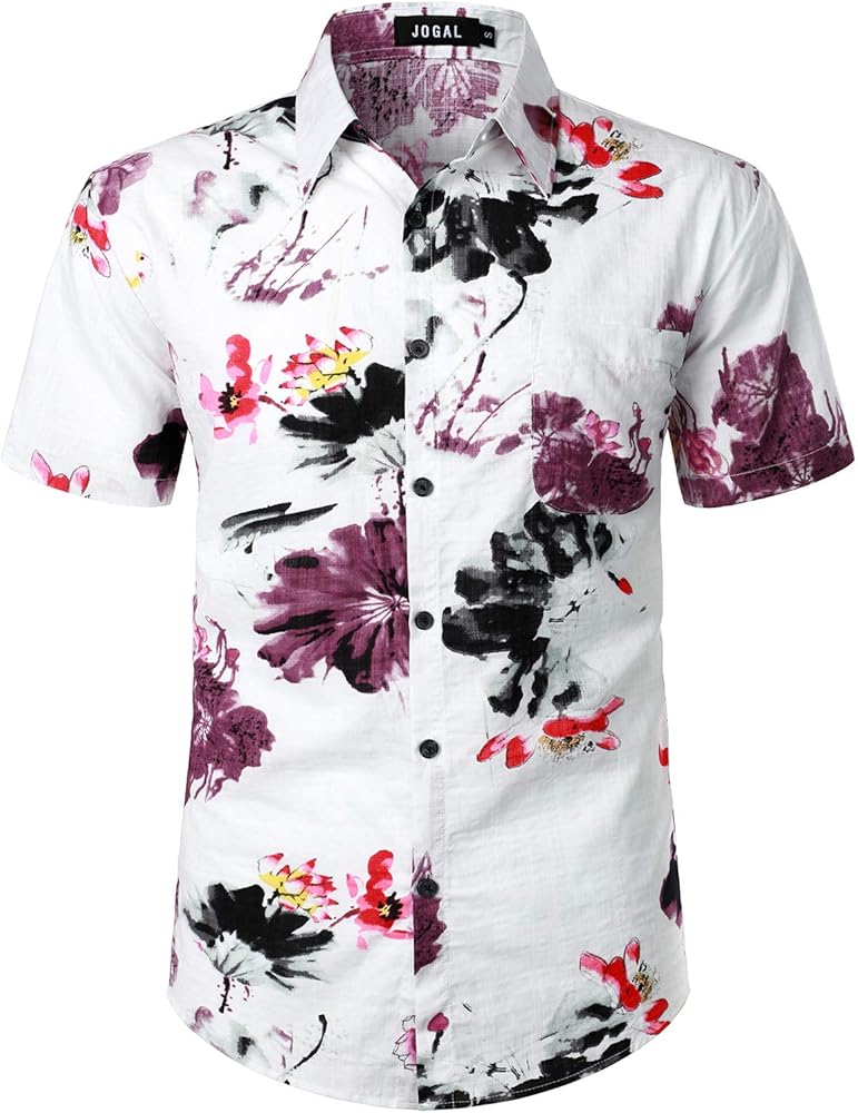 JOGAL Men's Flower Short Sleeve Button Down Hawaiian Shirt