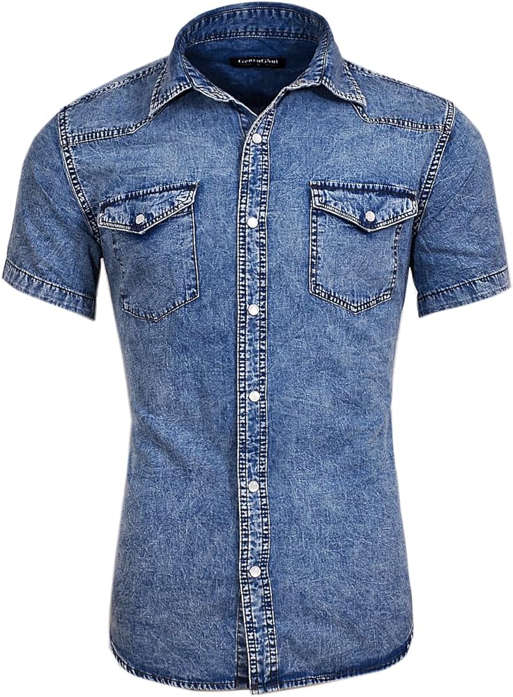 Men's Short Sleeve Double Pocket Snap Denim Shirt