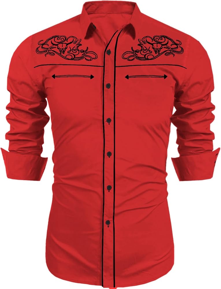 Runcati Mens Western Cowboy Shirt Button Down Long Sleeve Embroidered Casual Slim Fit Vintage Dress Shirts