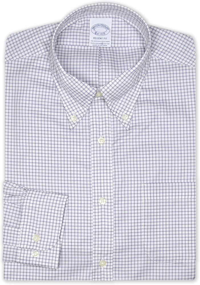 Brooks Brothers Mens Regent Fit Supima Cotton Double Grid Plaid Pocket Dress Shirt, (Large, 203766 Purple)